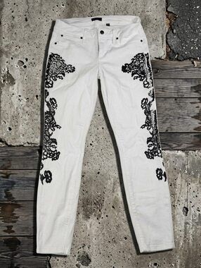 Vtg Bebe White Skinny Jeans Damask Lace Print 29 Y2K Archive Indie Sleaze Grunge